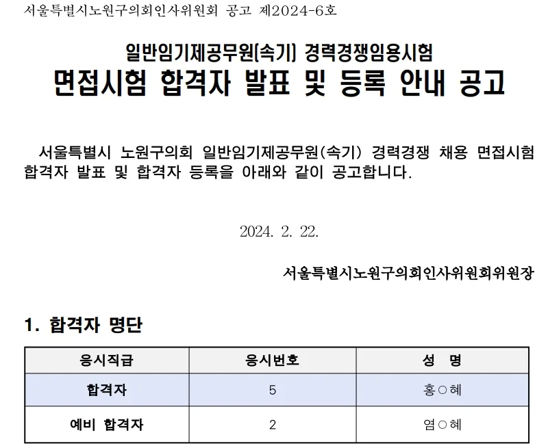 서울노원구의회 합격자