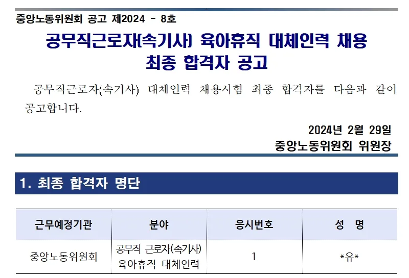 중앙노동위원회 합격자