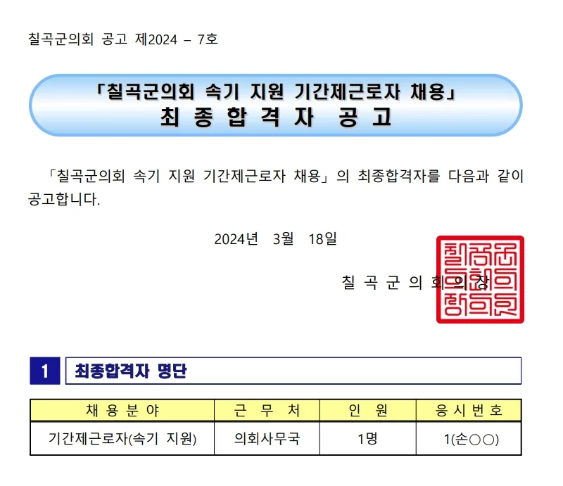 칠곡군의회 합격자