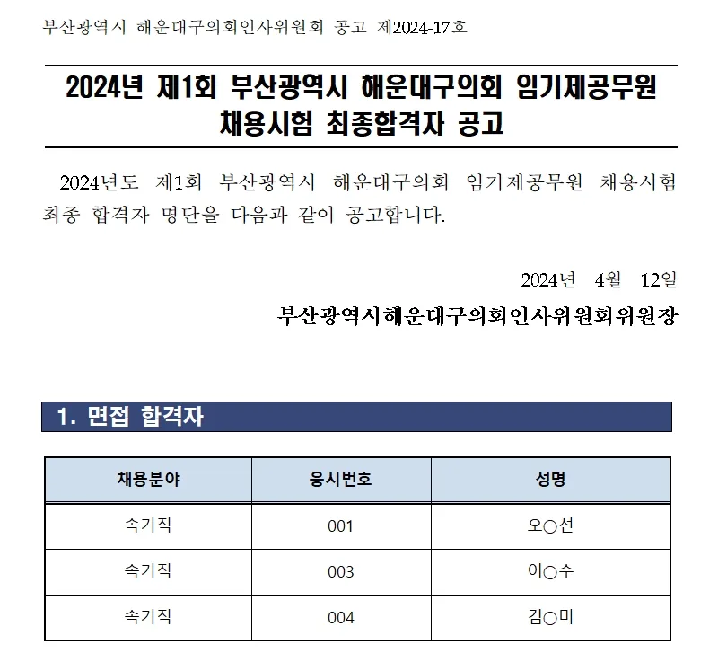 해운대구의회 합격자