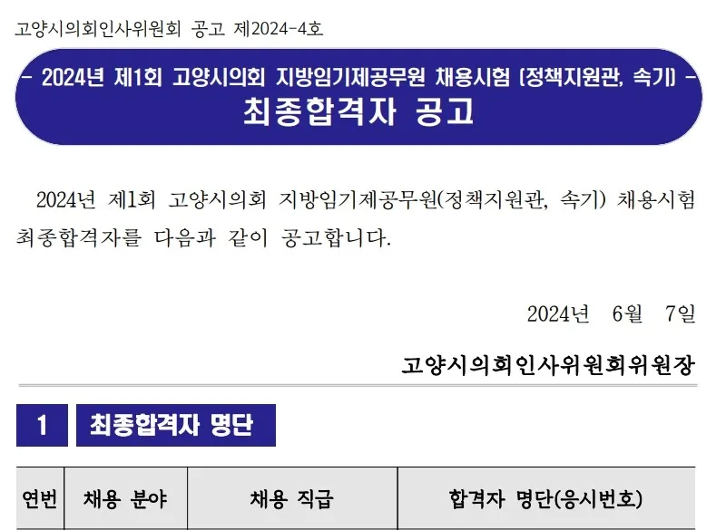 고양시의회 합격자