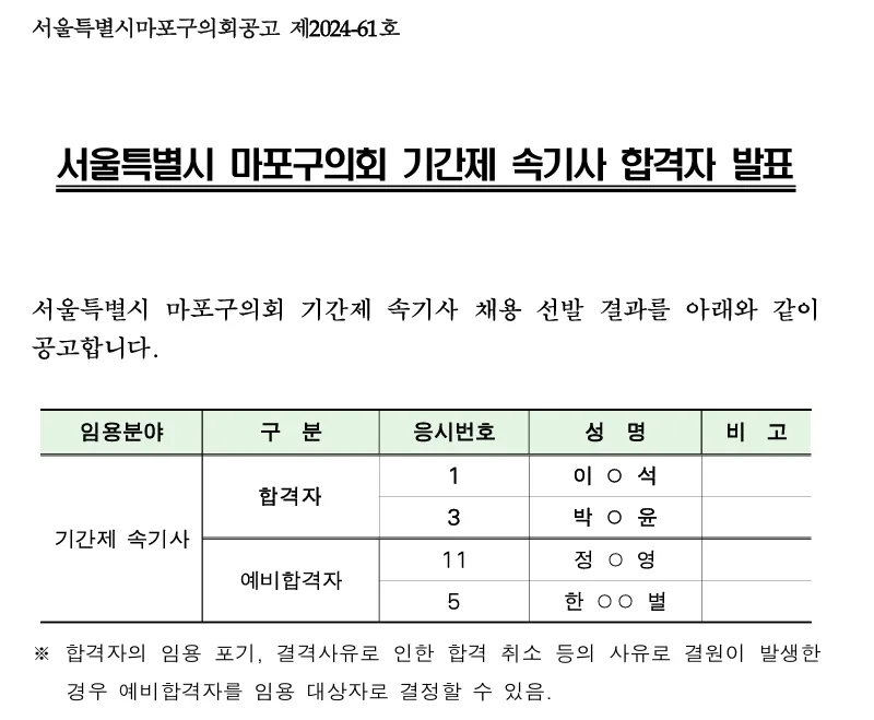 서울마포구의회 합격자