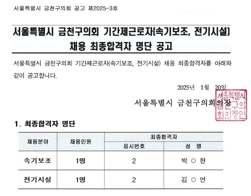 서울금천구의회 합격자