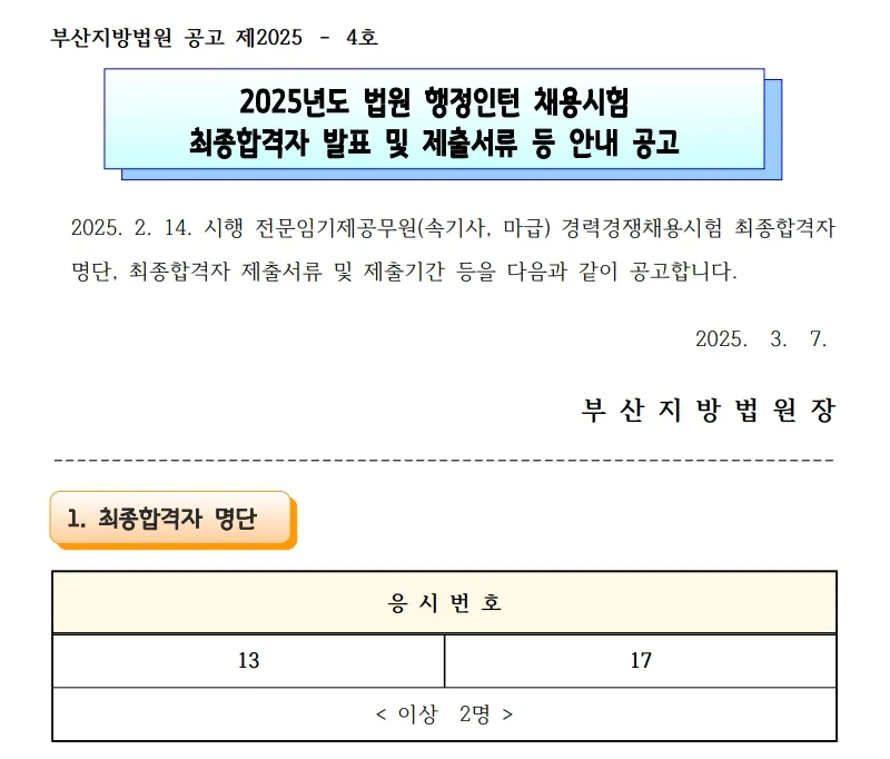 부산지방법원 최종합격자