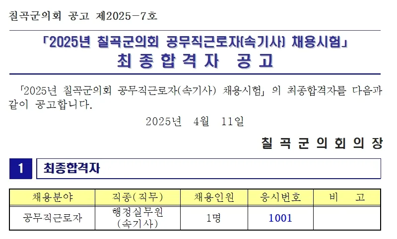 칠곡군의회 합격자