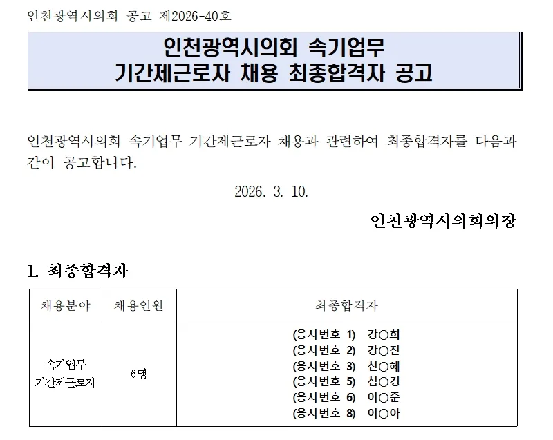 인천광역시의회 합격자