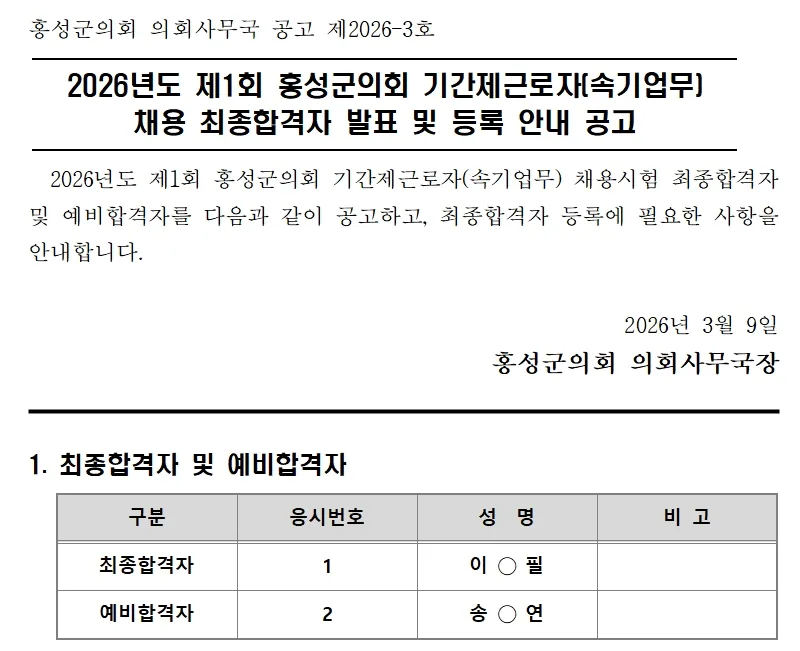 홍성군의회 합격자