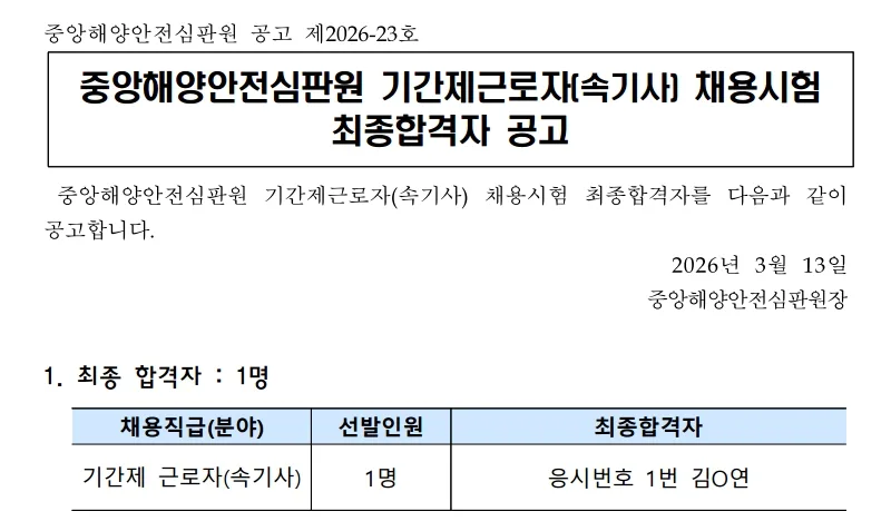 중앙해양안전심판원 합격자