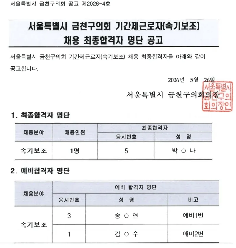 금천구의회 합격자